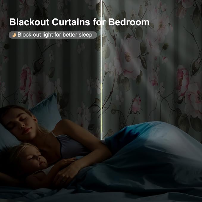 Blackout Curtains for Girls Bedroom, Pink Floral Room Darkening Curtains 84 Inch Length 2 Panels Set, Grommet Thermal Insulated Soundproof Privacy Winter Black Out Curtains for Living Room