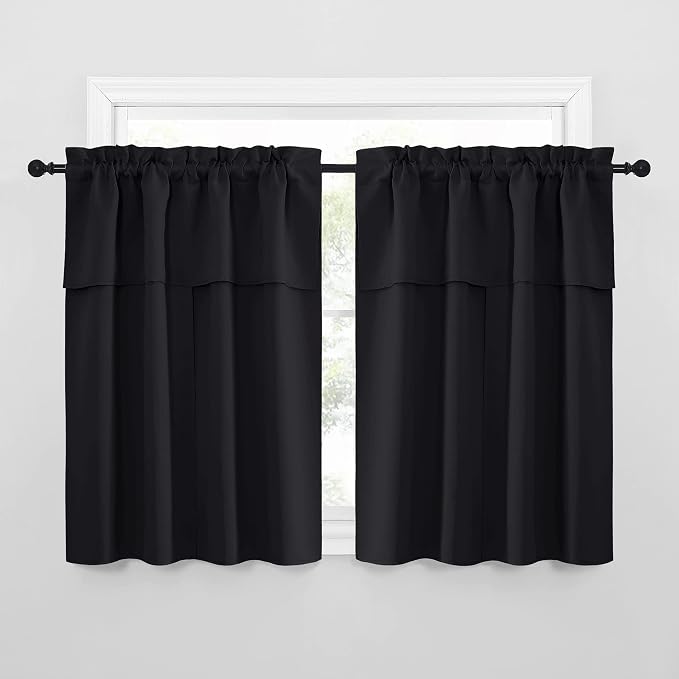 NICETOWN Black Blackout Curtains with Attached Valance, Solid Room Darkening Window Treatment Drapes/Draperies for Bedroom (2 PCs, 52 inches Wide by 45 inches Long)