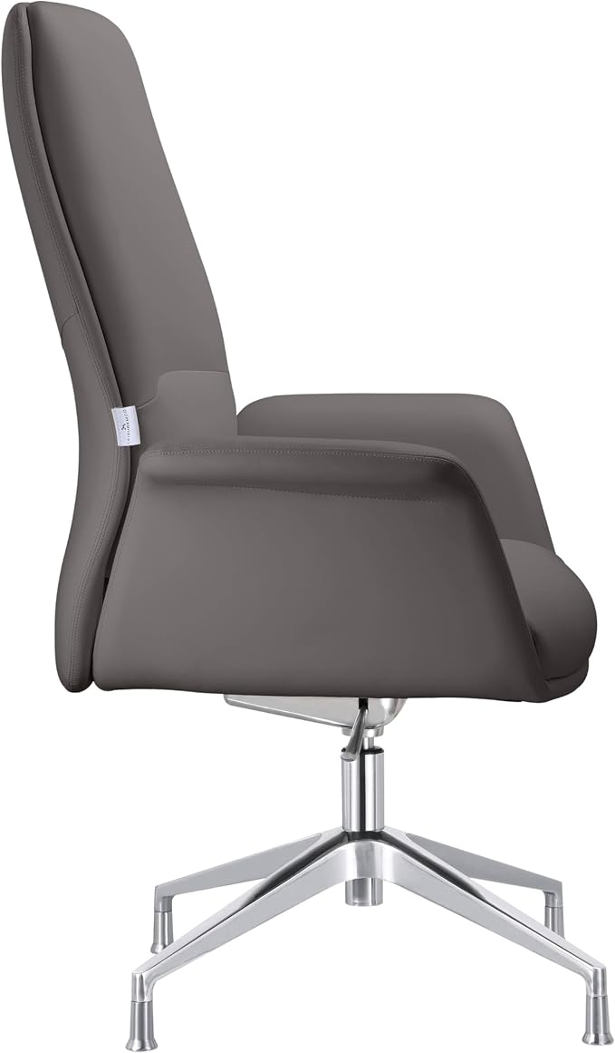 LeisureMod Mid-Century Modern Swivel Office Chair, Adjustable Height with Faux Leather Seat and Aluminum Frame, Grey