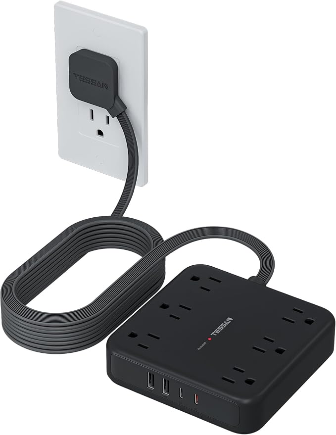 TESSAN 15Ft Black Extension Cord with Multiple Outlets, Surge Protector Power Strip with 6 Outlets and 4 USB Ports (2 USB C), 2100 Joules Protection, Flat Plug, Outlet Extender for Home, Office, Dorm
