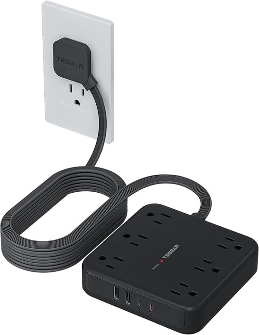 TESSAN 15Ft Black Extension Cord with Multiple Outlets, Surge Protector Power Strip with 6 Outlets and 4 USB Ports (2 USB C), 2100 Joules Protection, Flat Plug, Outlet Extender for Home, Office, Dorm