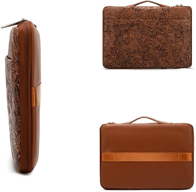 Kinmac Embossed PU Leather 360° Heavy Duty Protective Laptop Sleeve with Poacket (Coffee Flower, 16 inch-16.2 inch)