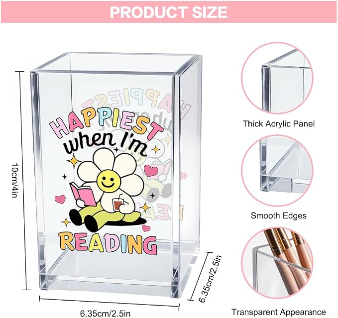 Happiest When I'm Reading Acrylic Cosmetic Pencil Pen Holder Cup, Boho Bookish Desk Organizer Accessories, Bookworm Gifts, Book Lover Gifts for Women Girl Book Club Member Daughter Student