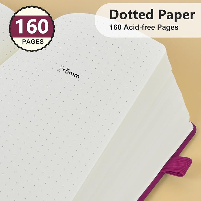 PERCUN Dotted Journal Notebook for Men & Women, 160 Pages Dot Grid notebook, A5 Hardcover Leather Bullet Journaling for Writing, Work, School, Travel, Daily Diary 5.9" x 8.5" (Burgundy)
