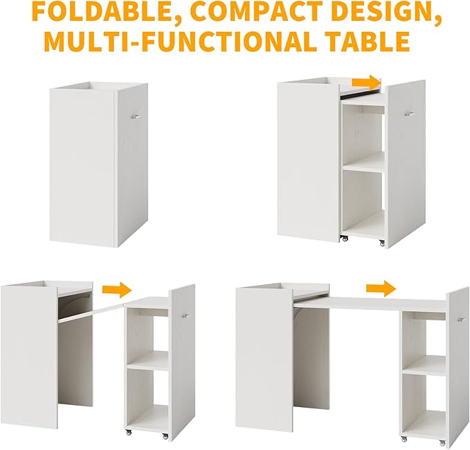 GarveeHome Folding Computer Desk Multi-Functional Foldable Table, 50" Extendable Wood Drop Leaf Table with Storage Racks & Wheels for Kitchen Dining Living Study Room Dormitory Apartment Small Spaces