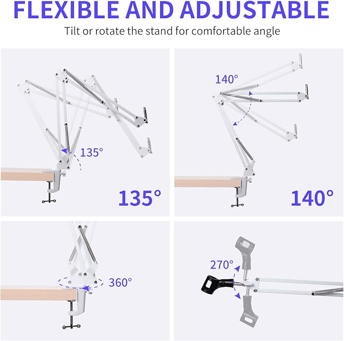 FEELWORLD AMS1 Microphone Boom Arm, Adjustable Mic Arm Stand with 3/8” to 5/8” Screw, Compatible with PM1 and other Mics for Podcast Straming Gaming Studio (White)