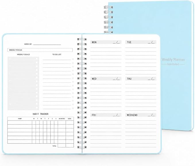 TREES Undated Weekly Planner, Weekly To Do List Notebook with Goal & Habit Tracker Organizer, A5 5.7"" x 8.0"" Weekly Planner Notebook with Spiral Binding for Men or Women, Blue