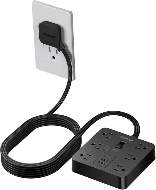 TESSAN Black Surge Protector Power Strip, Flat Plug Extension Cord 5 FT with 6 Outlets 3 USB Charger (1 USB C), 1700J Protection Multiple Outlets Charging Station for Home, Office, College Dorm Room