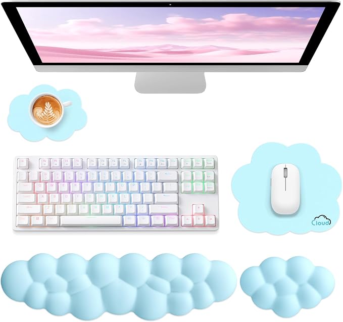 Sushret Cloud Wrist Rest for Computer Keyboard, 4-in-1 Memory Foam Leather Cloud Keyboard Wrist Rest and Mouse Pad Set with Ergonomic Support for Arm and Palm Cushion, Gaming/Work Setup, Blue