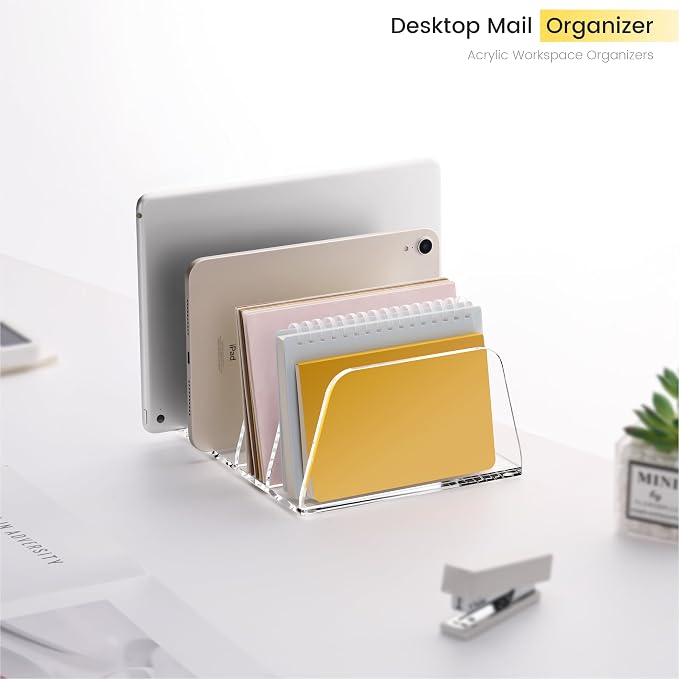 YUXUN Acrylic File Sorter,6.9"x6.6"x3.74",4 Sections Vertical Desk Organizer,Clear Mail Organizer File Holder Stand Rack Desk Accessories for Mail,Envelope,Letter,Notebook for Home/Office/Classroom