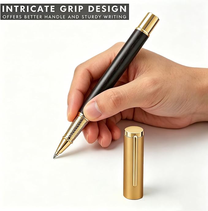Luxury Rollerball Pen, Natural Black Walnut Wood & Metal Executive Writing Pen, Fine Point Smooth Ink, Professional Business Signature Pen Gift Set with Metal Case for Men Women