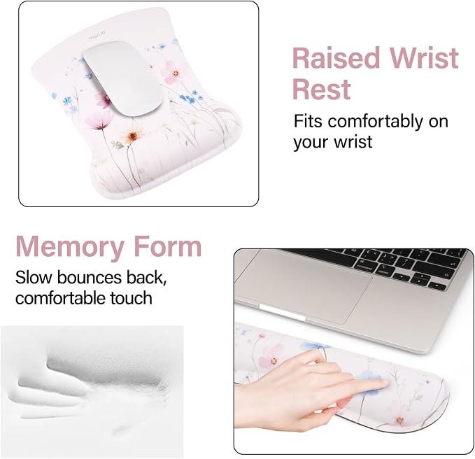 MOSISO Wrist Rest Support for Keyboard Mouse Pad Set, Large Mousepad&Keyboard and Mouse Pad&Coaster, Ergonomic Non-Slip Easy Typing Mousepad with Memory Foam for Home Office, Village Wildflowers
