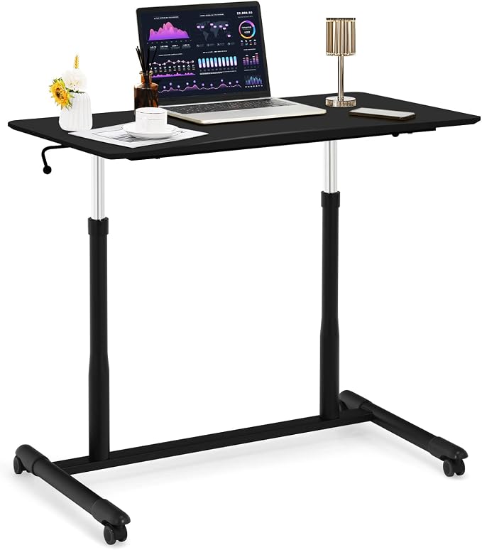 COSTWAY Mobile Height Adjustable Standing Desk, Compact Pneumatic Sit to Stand Computer Desk w/Lockable Casters, Ergonomic Rolling Laptop Table w/Steel Frame for Home Office (Black)