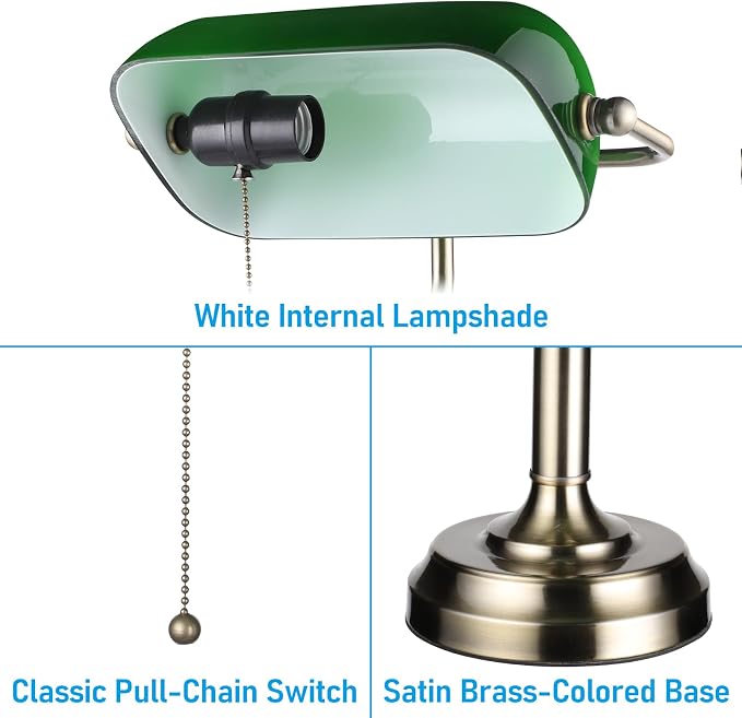 TORCHSTAR Green Glass Bankers Desk Lamp with Pull Chain, E26 Base | Brass Finish Base, Antique Traditional Library Lamp for Office Study Room, Bulbs not Included