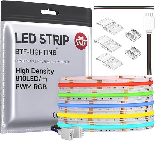 BTF-LIGHTING FCOB COB RGB LED Strip 810LED/m 16.4FT DC12V Color Changing Flexible High Density Uniform Light 10mm Width for Bedroom Home Indoor Decor(No Adapter or Controller)