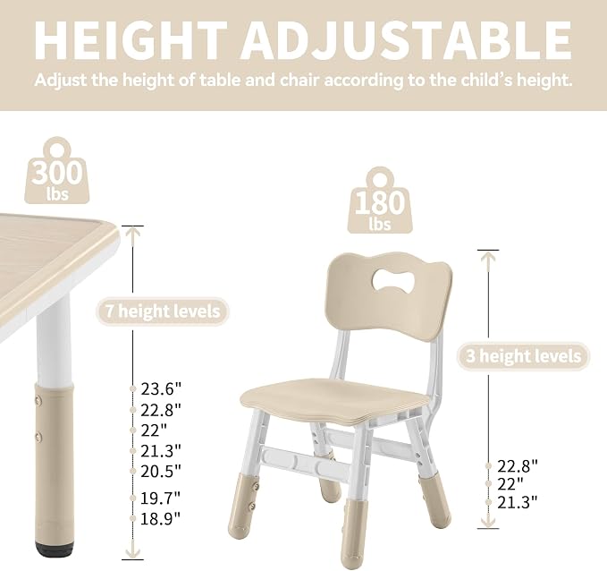 DOREROOM Adjustable Kids Table & 4 Chairs Set, 47.2" L x 23.6" W, Natural-W | Graffiti Desktop,Table Supports 300 lbs,Toddler Ages 2-8，FSC-certified, Children Activity Table for Daycare, Classroom, Home