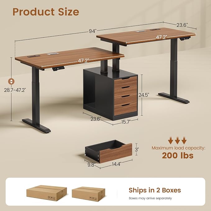 SEDETA Standing Two Person Desk, 94'' Long Computer Desk with 4 Drawers, 2 Power Outlets, CPU Stand, Electric Height Adjustable 2 Person Desk with Cable Management for Home Office, Black+Brown
