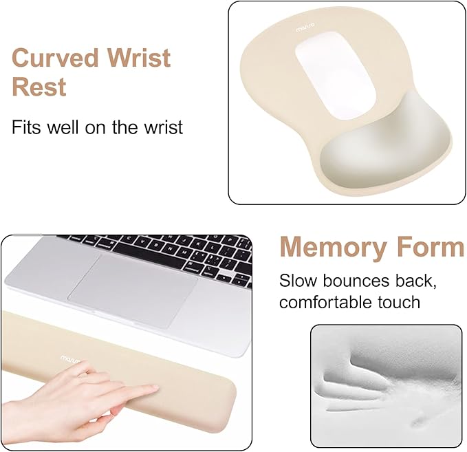 MOSISO Wrist Rest Support for Mouse Pad&Keyboard Set, Ergonomic Mousepad&Coaster, Non-Slip Base Home/Office Rectangular Easy Typing Cushion Pad with Soft Cloth&Curved Concave Memory Foam, Khaki