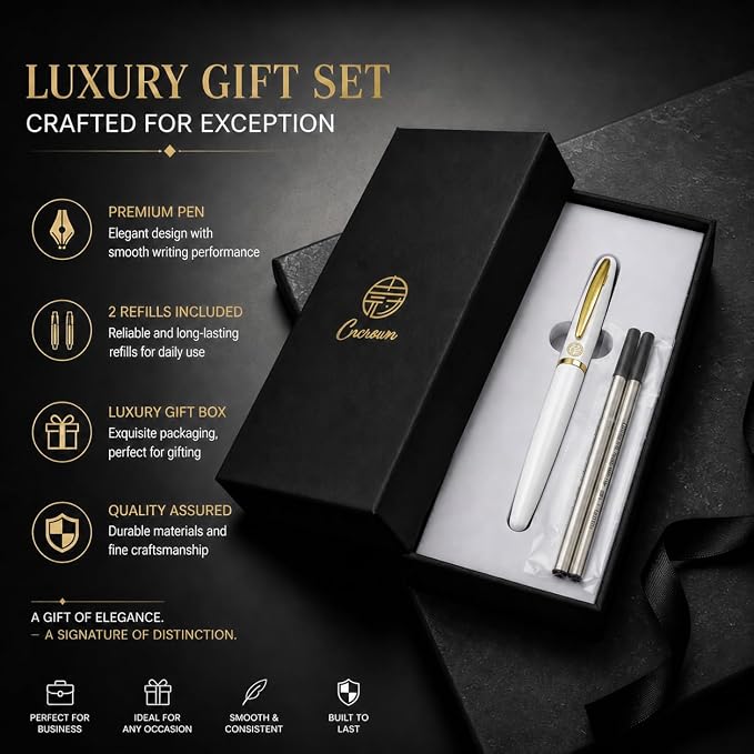 Luxury Gold Rollerball Pen, 24K gold-plated exquisite pen body, stylish and simple design, two ink refills, gift set for men and women, executive writing, office, graduation gift (White)