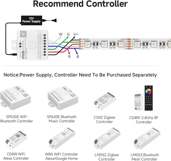 BTF-LIGHTING RGBW LED Strip Lights,UL Listed,5050 4 Colors in 1 RGB + 6000K-7000K Cool White,12V DC,16.4ft/5m 60LEDs/m 12mm White PCB, IP30 for Home Decoration(No Adapter or Controller)