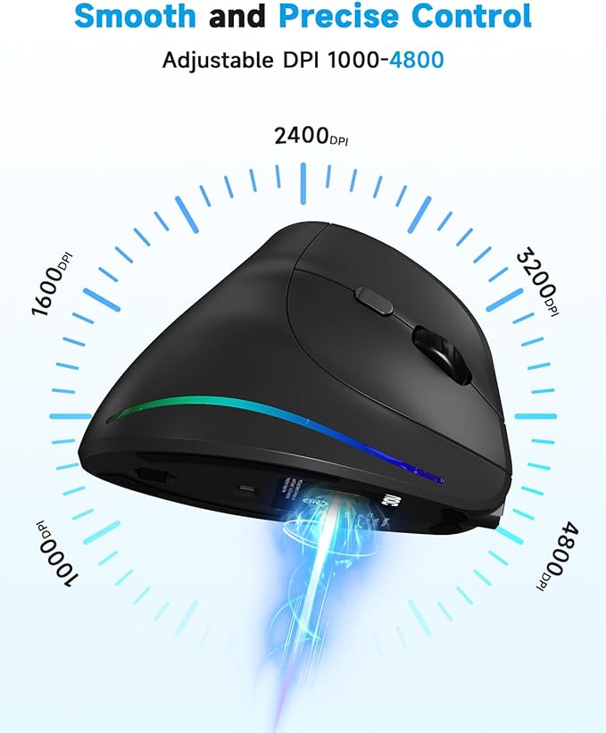 AOC 2.4GHz Ergonomic Mouse, Wireless Bluetooth Vertical Mouse for Work, 4800 DPI Optical Tracking, 5 Adjustable DPI, Quiet Clicks, RGB Light, Compatible with Computer, Laptop, PC, Mac, Desktop - Black