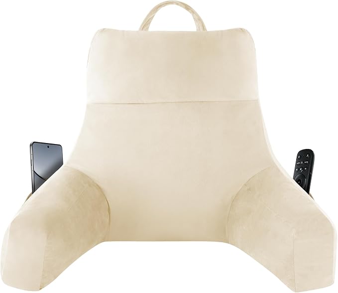 IPYNBAP Reading Pillow with Arms for Adult, Back Pillow for Bed Sitting Up, Shredded Memory Foam Backrest Pillow with Pockets & Removable Washable Cover, Lounging, Watching TV, Reading(20" Beige)
