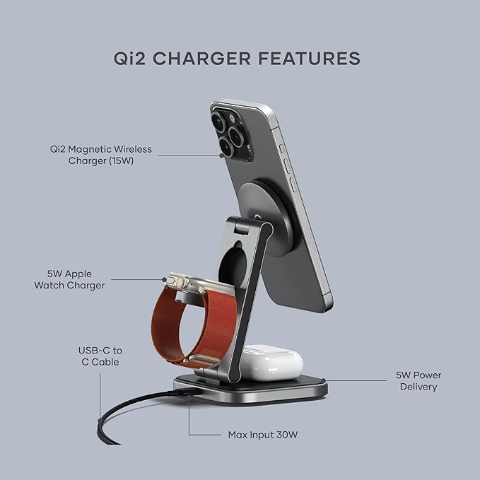 Satechi 3 in 1 Wireless Charging Station for Apple, MagSafe, Qi2 Certified, 15W Magnetic, Foldable Travel Charger Station for iPhone 17 to 12 Series, AirPods Pro/4/3, Apple Watch Series/Ultra/SE