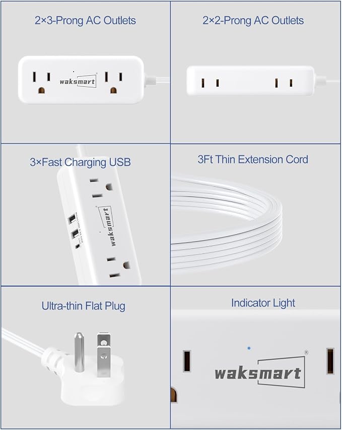Flat Plug Extension Cord 3 Feet with 4 AC Outlets 3 USB Ports (5V/3.4A 17W), Flat Plug Power Strip Compact for College Dorm, Travel, Home, White
