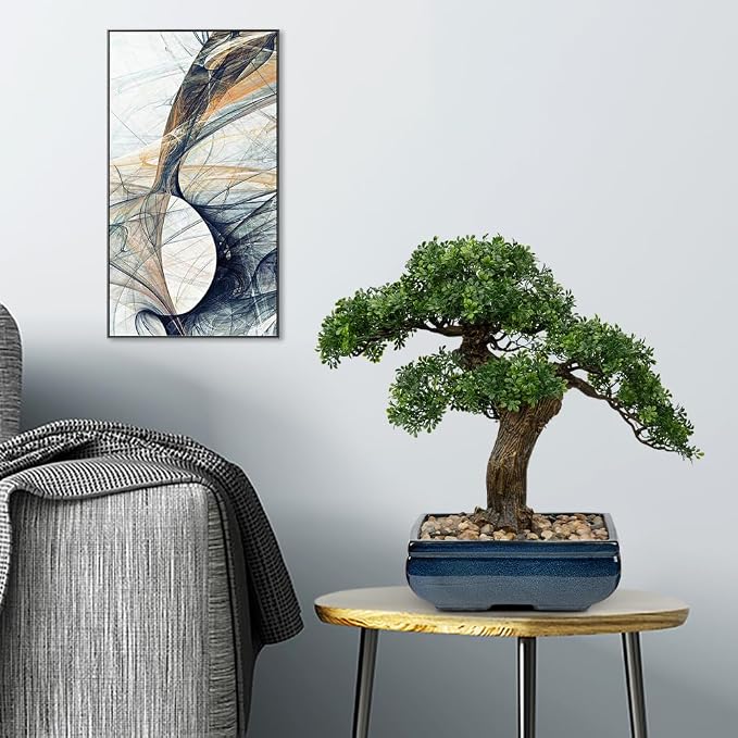 Artificial Bonsai Tree Juniper Faux Plants Indoor Fake Plants Decor with Blue Square Ceramic Pots for Home Table Office Desk Bathroom Shelf Bedroom Living Room Farmhouse Decorations