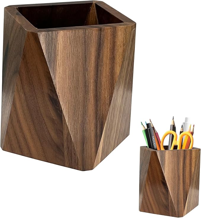 Pen Holder for Desk - Black Walnut Wooden Pen Organizer, Prismatic Shape Writing Stationary Organizer for Multiple-Use Office and School Supplies Storage