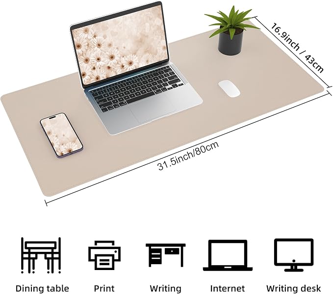 AFIING Leather Desk Mat, Beige, 31.5" x 17",Desk pad Protector | Dual-Sided Cork & PU Leather, Large Mouse Pad, Non-Slip & Waterproof