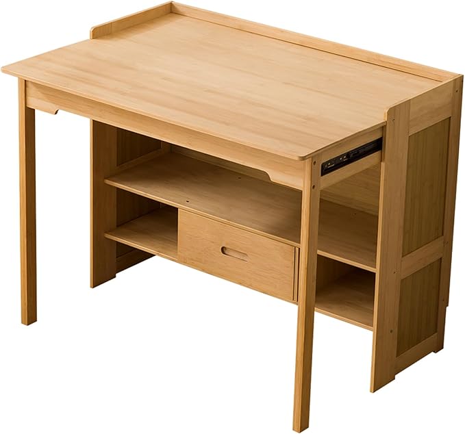 Bamboo Folding Desk with Bookshelf & Drawer, Small Foldable Computer Table, Wooden Space Saving Desks for Home Bedroom Study Office (Natural, 30.3″x27″x30.3″)