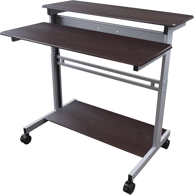 Stand Up Desk Store Rolling Adjustable Height Two Tier Standing Desk Computer Workstation (Silver Frame/Dark Walnut Top, 40" Wide)