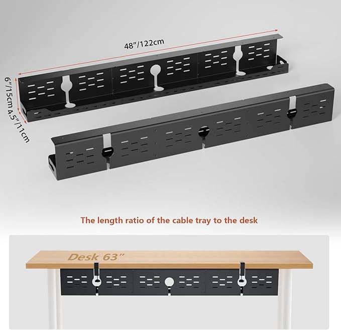 Univivi Under Desk Cable Management Tray - 48" Steel Cord Organizer, No-Drill C-Clamp & Screw Mount for Office/Home, Effortless Wire Management (Black)