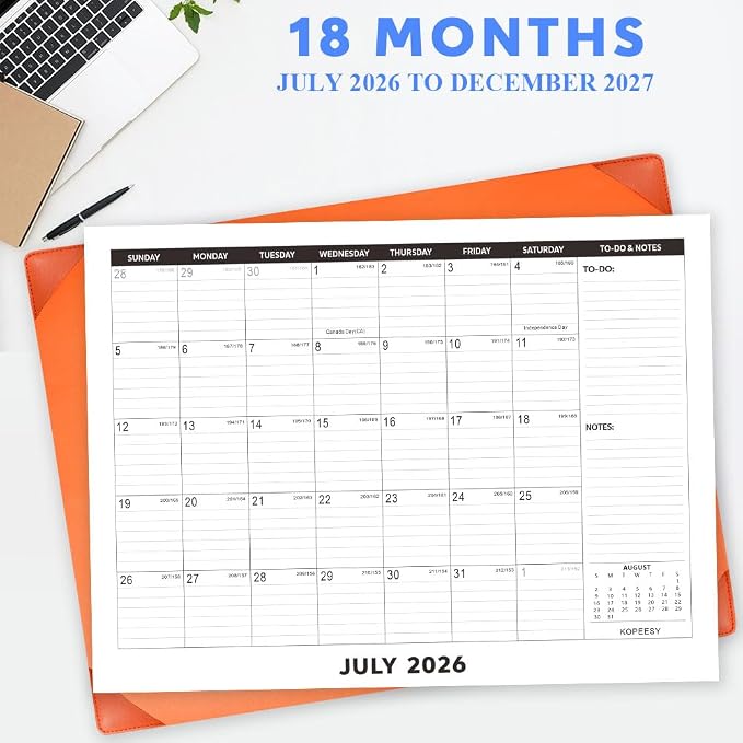 Large Desk Calendar 2026-2027 with Desktop Mat, KOPEESY 22" x 17" Desktop Calendar, 18 Mouths From July 2026 to December 2027, Office Supplies Desk Blotter Calendar for Home School and Office
