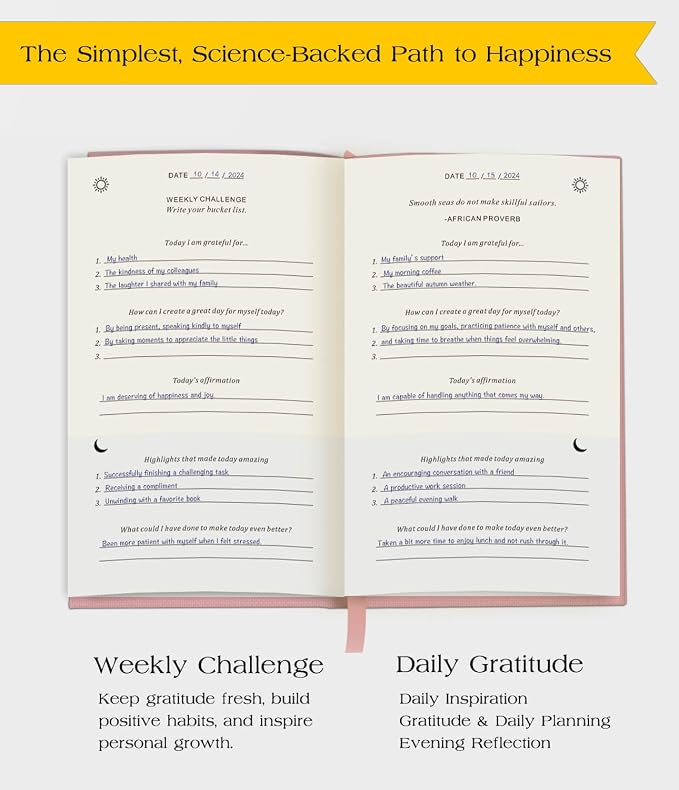 The Original Gratitude Journal with Inspiring Prompts & Quotes for Mindfulness, Reflection & Personal Growth - Daily Wellness Journal for Men & Women - Luxurious Linen Pink Cover