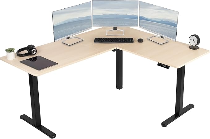 VIVO Corner Standing Desk, 63 x 55 inch Reversible L-Shaped Workstation, Electric Height Adjustment, Home, Office, and Reception Rooms, Light Wood Table Top Black Frame, DESK-E3CTBC