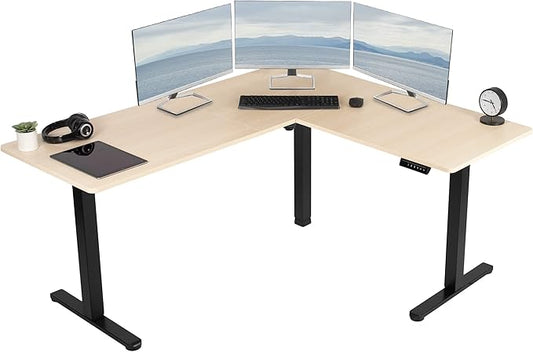 VIVO Corner Standing Desk, 63 x 55 inch Reversible L-Shaped Workstation, Electric Height Adjustment, Home, Office, and Reception Rooms, Light Wood Table Top Black Frame, DESK-E3CTBC