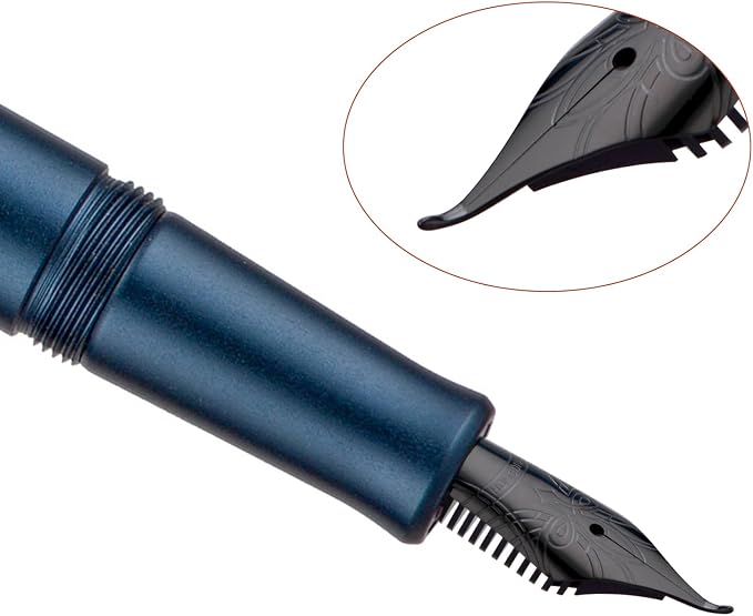 HONG DIAN M2 Black Forest Mini Fountain Pen, Bent Nib & Sleek Shape Aluminium Short Pocket Travel Pen (Midnight Blue)