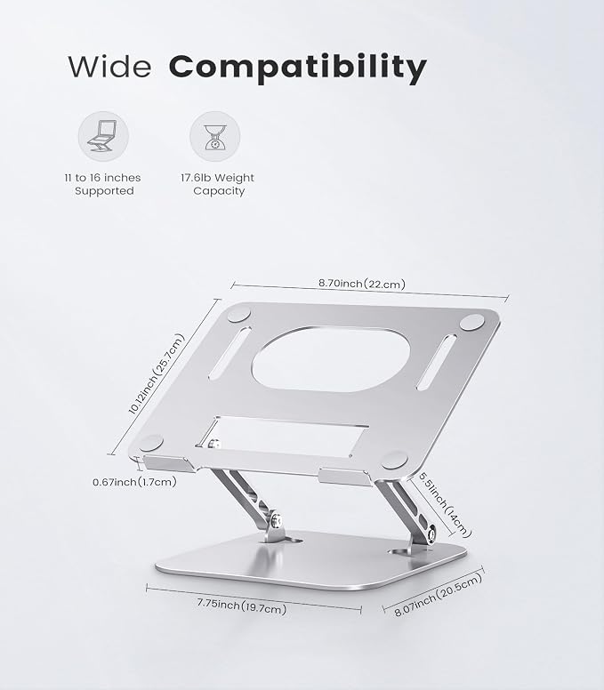 Orlian Laptop Stand Adjustable Computer Stand Sturdy Aluminum Laptop Stand for Desk Foldable Laptop Holder Portable Riser for 11–16-inch Laptop Notebook Tablet and More, Silver