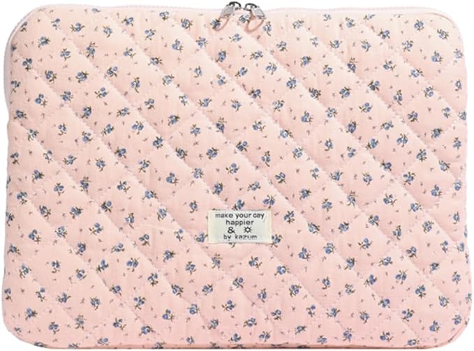 Cute Laptop Sleeve 13-15 inch Laptop Case Aesthetic Quilted Laptop Sleeve Computer Bag with Flower Printing for MacBook (A-Pink, 13inch)
