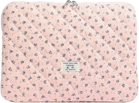 Cute Laptop Sleeve 13-15 inch Laptop Case Aesthetic Quilted Laptop Sleeve Computer Bag with Flower Printing for MacBook (A-Pink, 13inch)