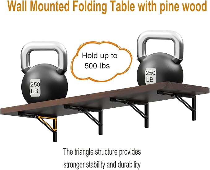 IAE Floating Wall Mounted Folding Table Desk with Pine Wood,72" x 22" Foldable Workbench,Fold Down Wall Mounted Foldable Desk with Shelf Brackets,Laundry Folding Table for Home,Dining,Kitchen,Walnut