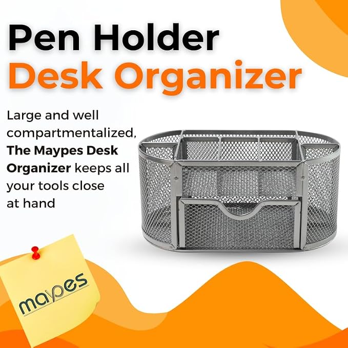 Pen Holder Desk Organizer – 9-Compartment Pencil Holder Desk Organizer with Drawer Tray – Desktop Organizer for Office Supplies and Stationery – Pen Holder for Home, Office, School - Silver