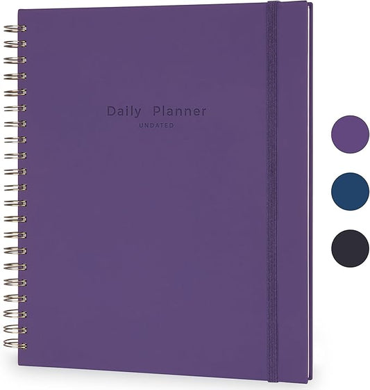 Undated Daily Planner To Do List Hourly Schedule 2027 2026 2025 Calendar & Holiday Habit Tracker 180 Pages Letter Size 8.5" x 11" Sheets Hardcover Spiral Bound Notebook (Purple Indigo)