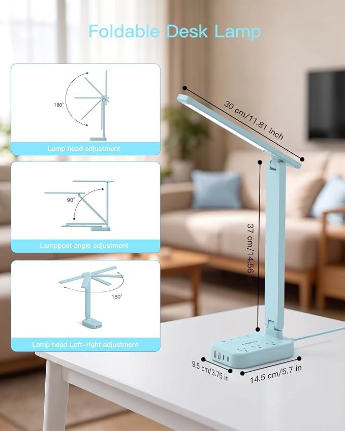 One Beat LED Small Desk Lamp Power Strip 5ft Extension Cord, 3 Outlets, 4 USB Ports(2 USB C), 4 Modes, 5 Level Touch- Home, Office, Bedroom, Bedside, Study Reading Light, Dorm Room Essentials, Blue