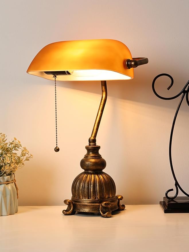 Newrays Retro Amber Glass Bankers Desk Lamp with Pull Chain Switch for Home Office, Library, Plug in Fixture, LED Bulb Included
