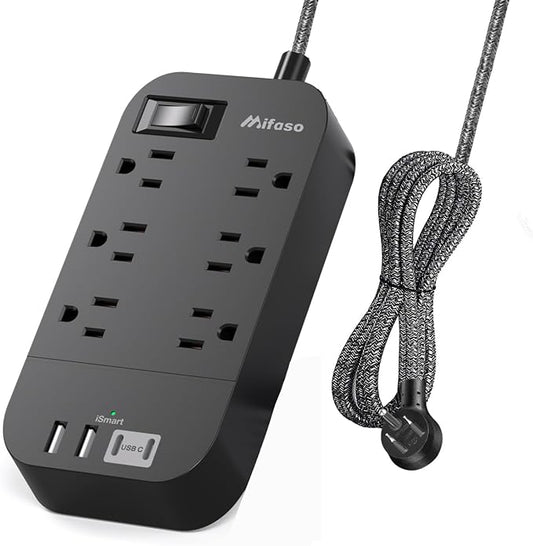 Extension Cord 5 FT, Flat Plug Power Strip, Long Extension Cord with Multiple Outlets with 6 Outlets 4 USB Ports(2 USB C), USB Power Strip for Home, Office, Dorm Room Essentials, College, Black