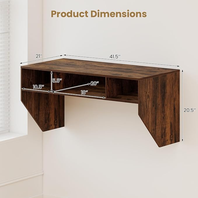 Giantex Wall-Mounted Computer Desk, Floating Laptop Desk with 3 Storage Compartments, Space-Saving Home Office Workstation Vanity Table for Bedroom, Study, Living Room (Rustic Brown)
