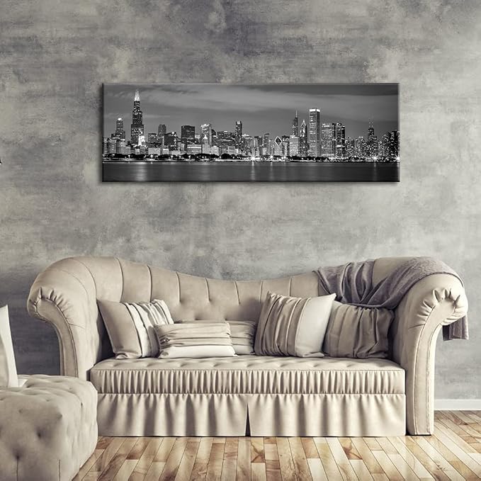 Wieco Art Chicago City Center Skyline in Black and White Canvas Prints Modern Canvas Art Cityscape Wall Decorations for Living Room Pictures for Bedroom Decorations